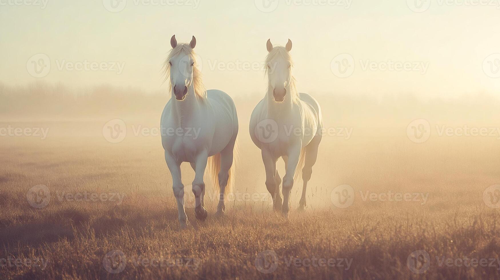 Two white horses running on a misty field at sunrise photo