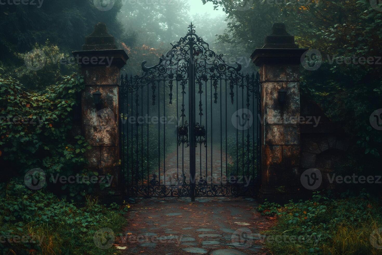 Wrought iron gate leading to mysterious foggy forest path photo