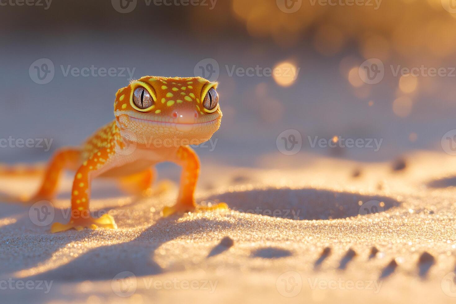 Vibrant gecko exploring sunlit desert sand photo