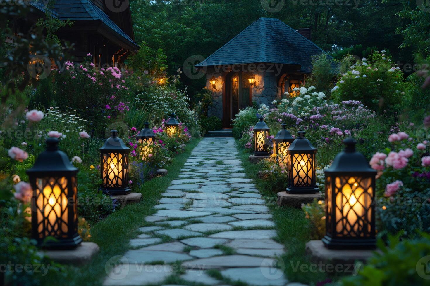 Lanterns illuminating a stone pathway in a lush garden at dusk photo