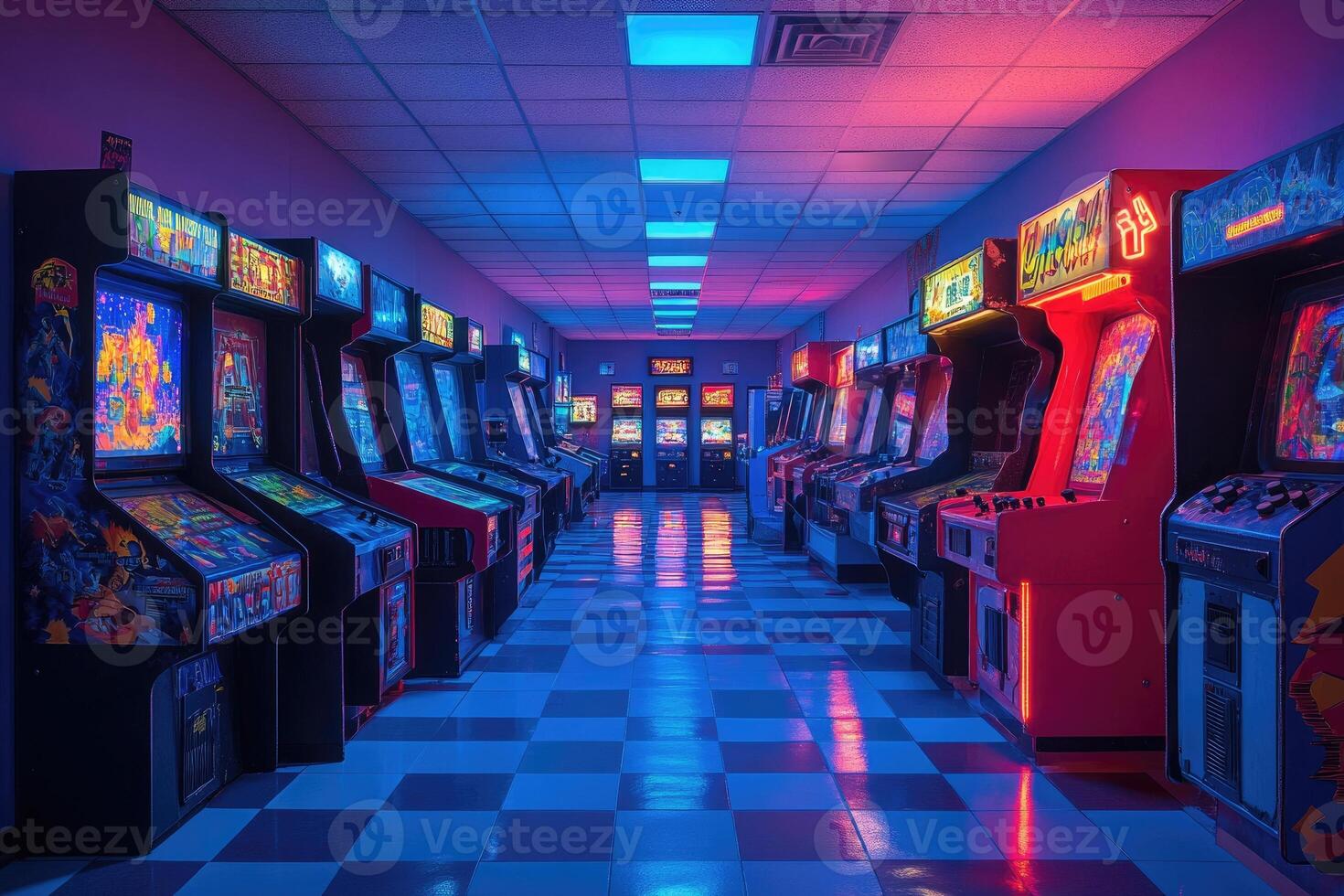 Rows of illuminated arcade cabinets in a retro arcade setting photo