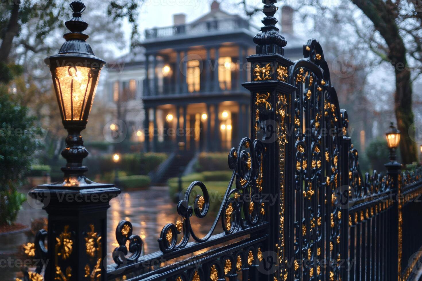 Ornate black and gold wrought iron gate protecting elegant home photo