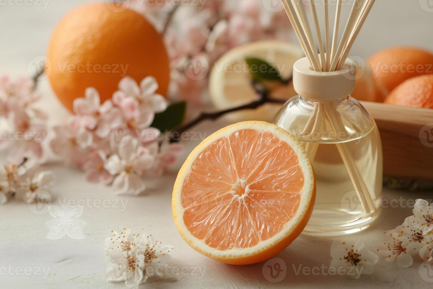 Reed diffuser and fresh oranges creating a pleasant citrusy spring aroma photo