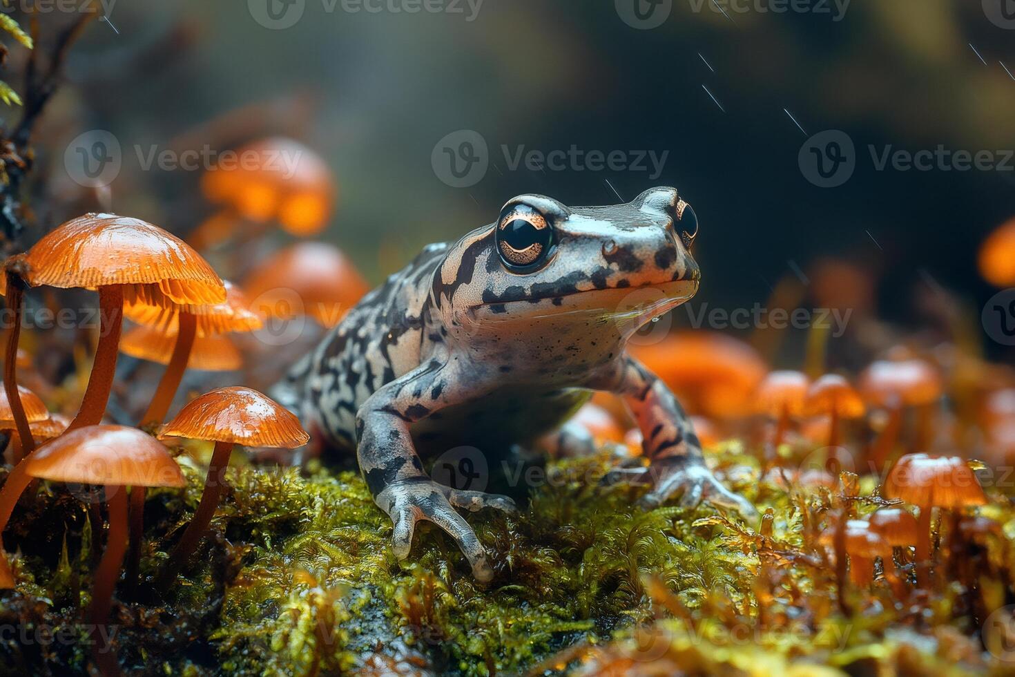 Marbled rain frog standing on mossy surface near glowing mushrooms during rainfall photo