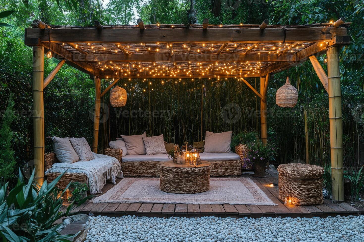 Cozy pergola lighting up a relaxing backyard garden lounge area photo