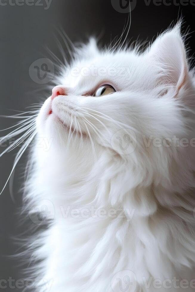 White persian cat looking up with curious expression photo