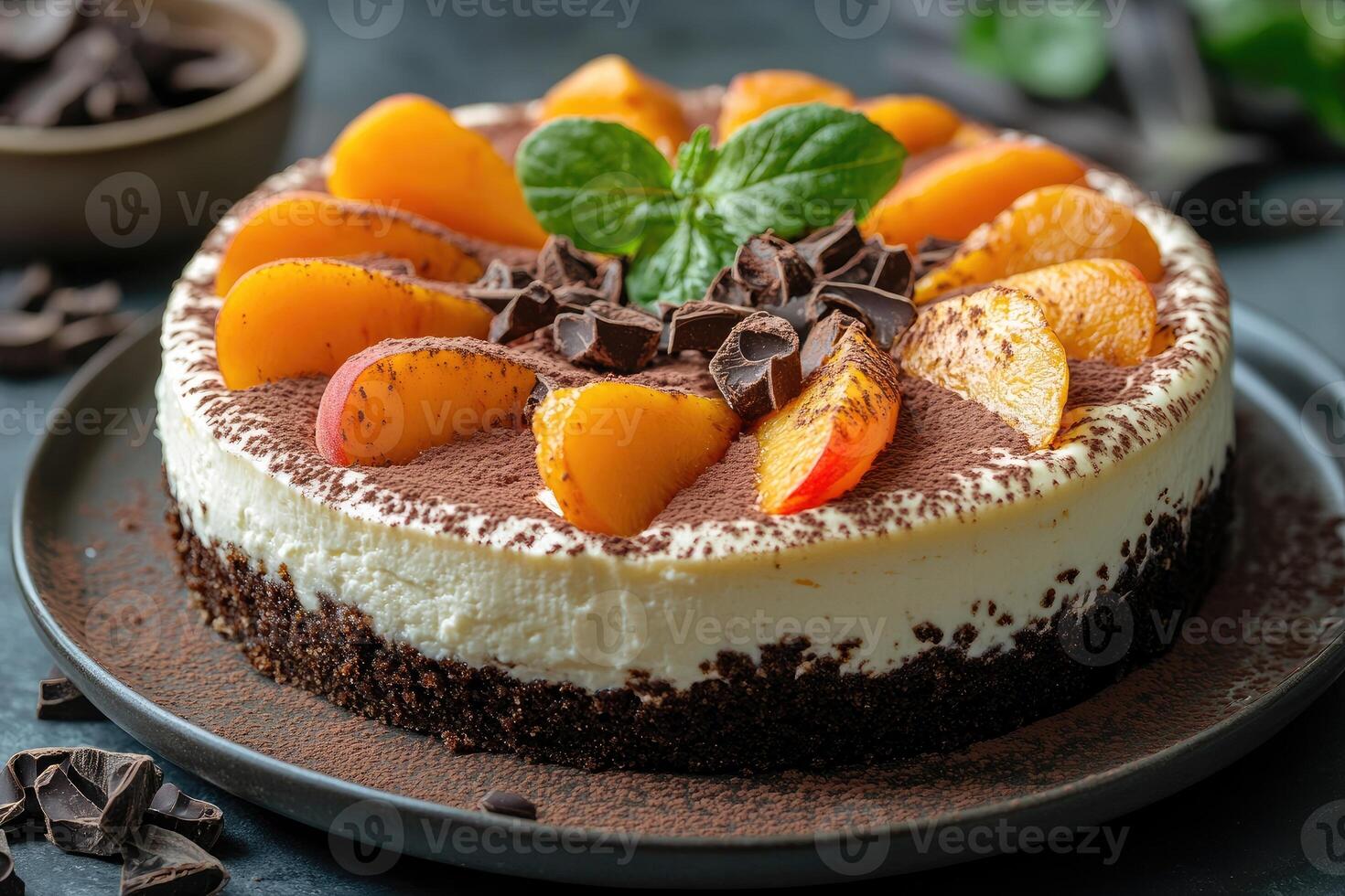Delicious apricot cheesecake with chocolate and cocoa topping sitting on a plate photo