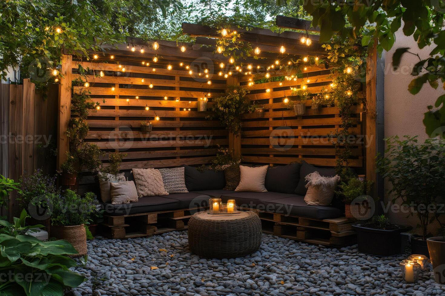 Cozy pallet sofa and string lights creating a relaxing backyard oasis photo