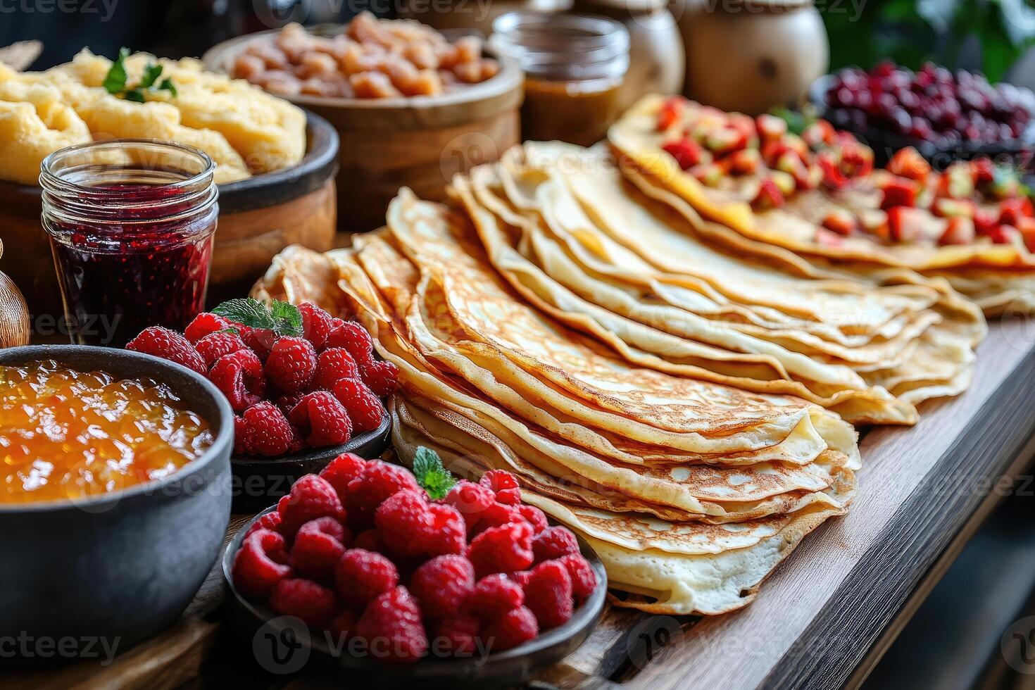 Delicious homemade crepes served with fresh raspberries and various toppings on rustic wooden table photo