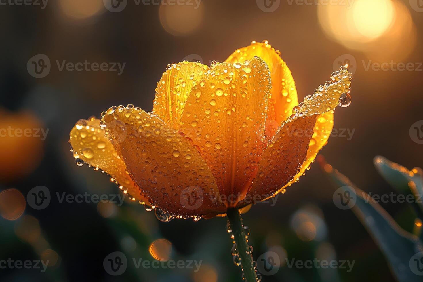 Yellow tulip blooming in springtime with water drops photo