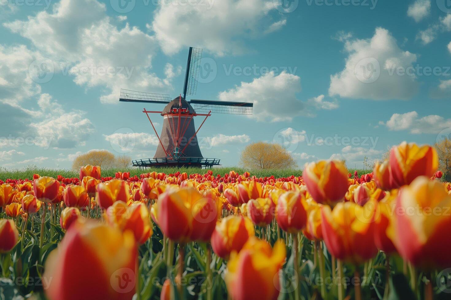 Traditional dutch windmill stands majestically over vibrant tulip field in the netherlands .. photo