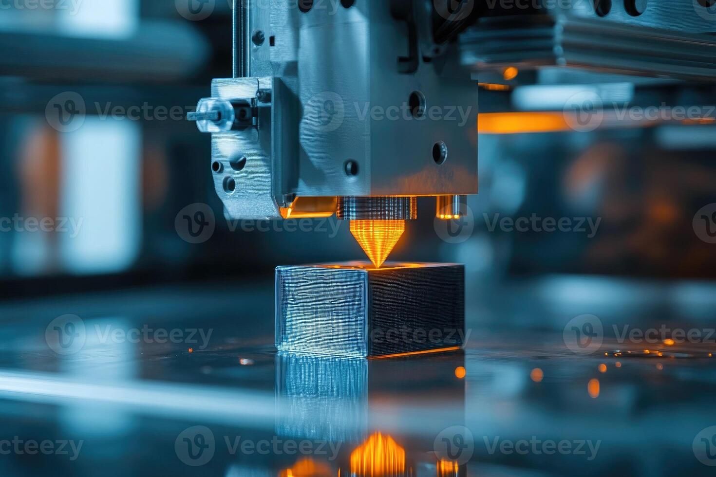 Automatic 3d printer printing a plastic cube, additive manufacturing and innovative technology photo