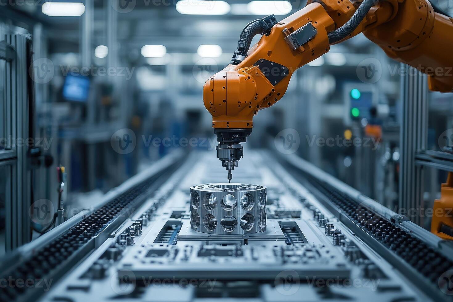 Robotic arm working on metal detail in modern factory photo