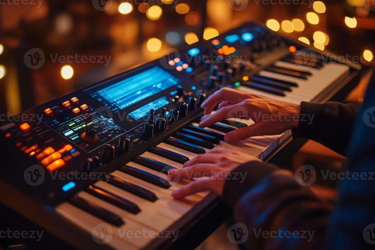 Musician playing synthesizer on stage with blurred lights in background photo