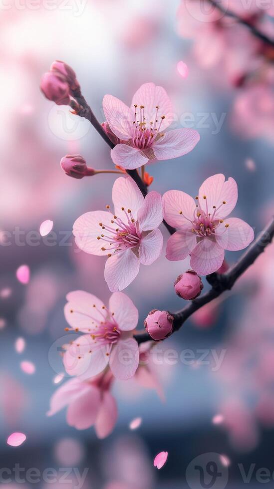 Beautiful pink cherry blossoms blooming on branch in spring photo