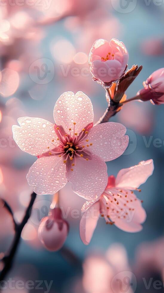 Blooming pink flowers covered in dew drops in springtime photo