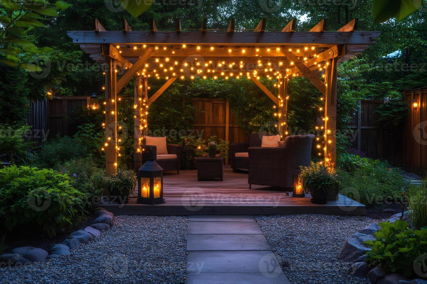 Wooden pergola illuminating backyard patio in the evening photo