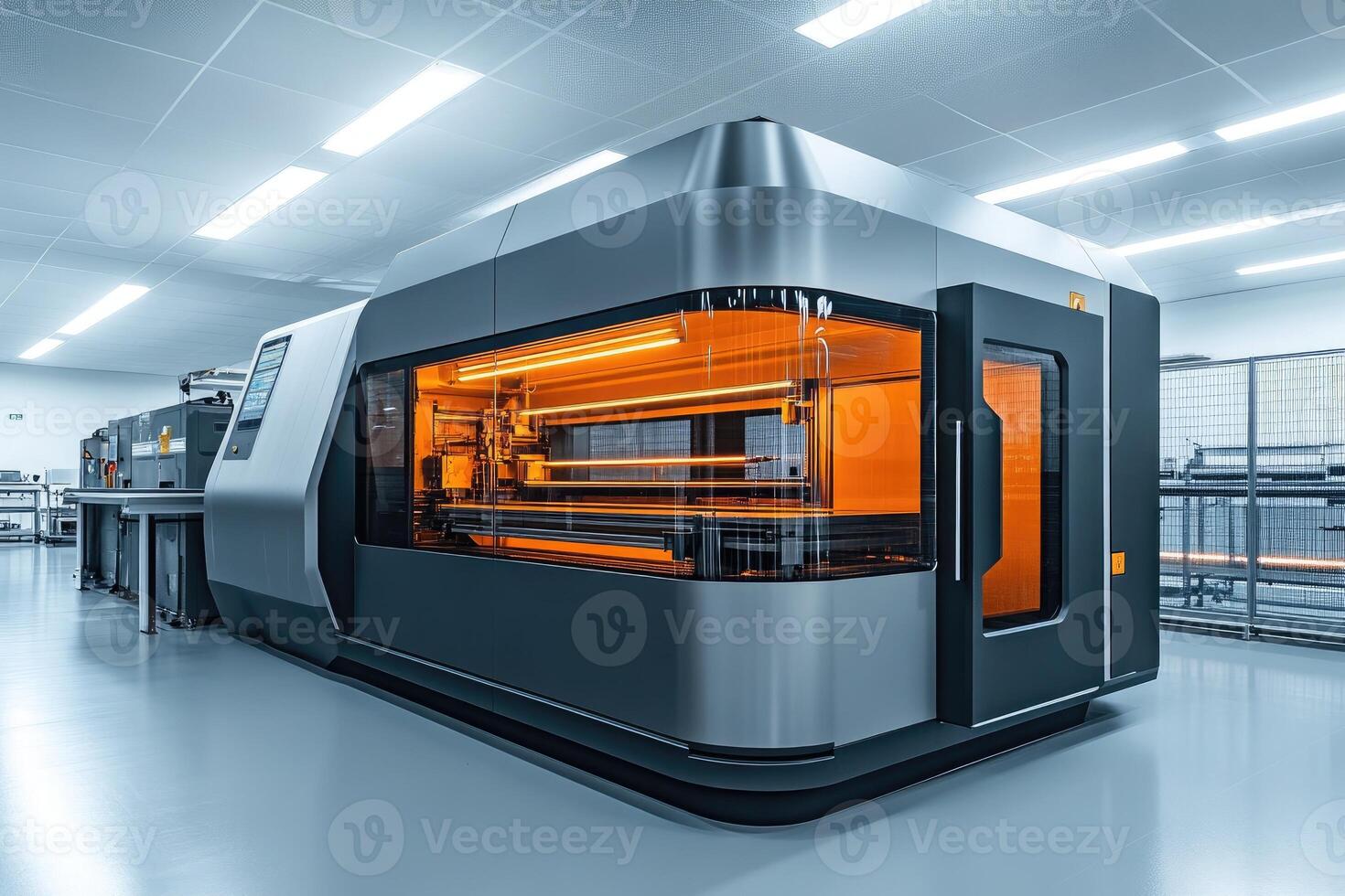Modern industrial 3d printer creating objects in brightly lit factory photo