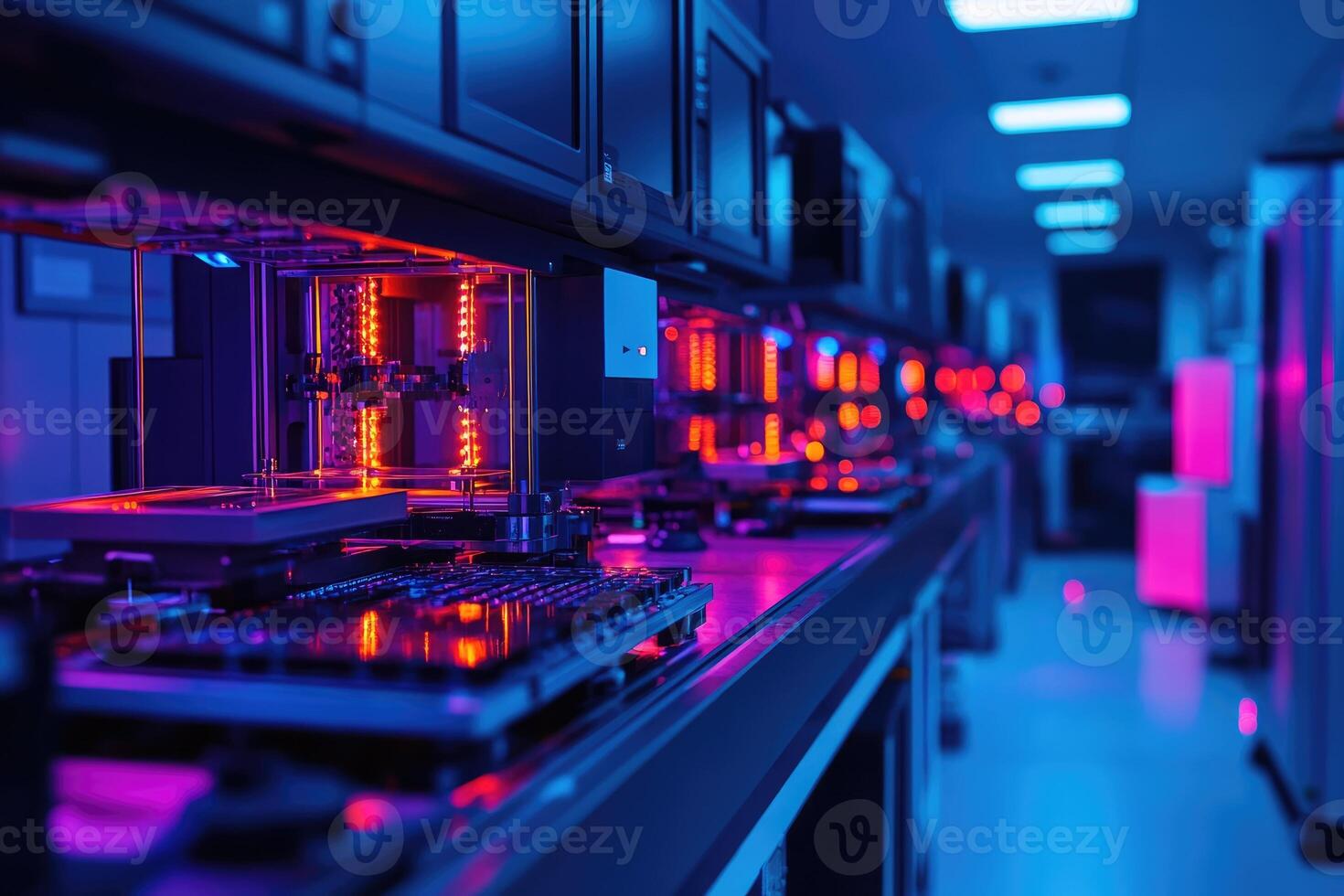 Automated assembly line operating in modern factory with neon lights photo