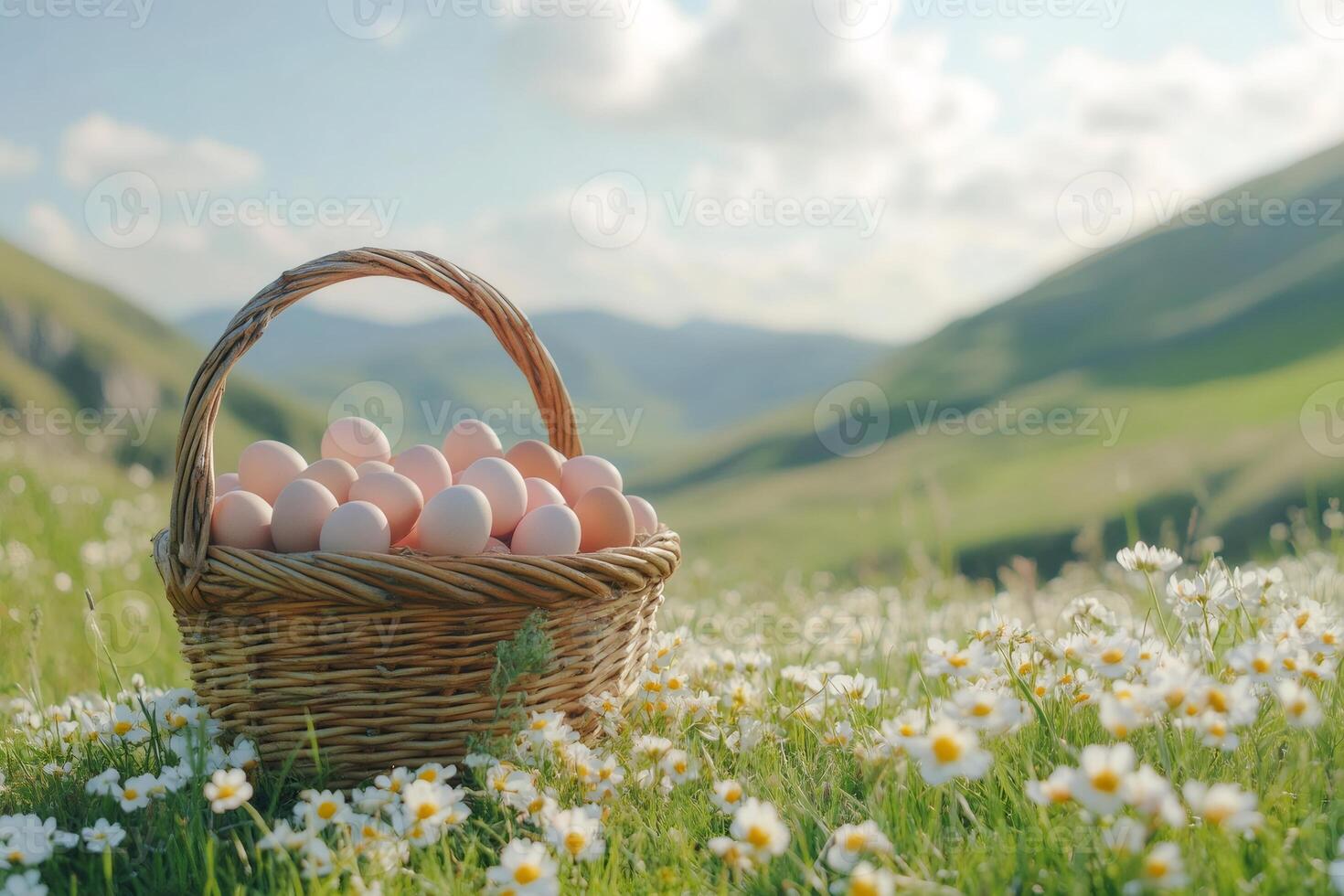 Wicker basket brimming with fresh eggs in a daisy filled meadow with rolling hills photo