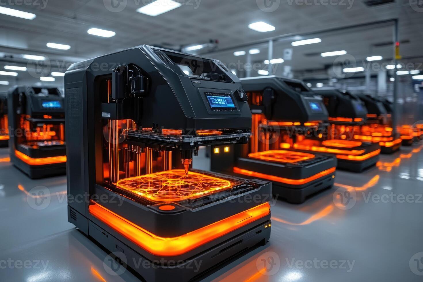 Modern 3d printers printing futuristic orange objects in an automated factory photo