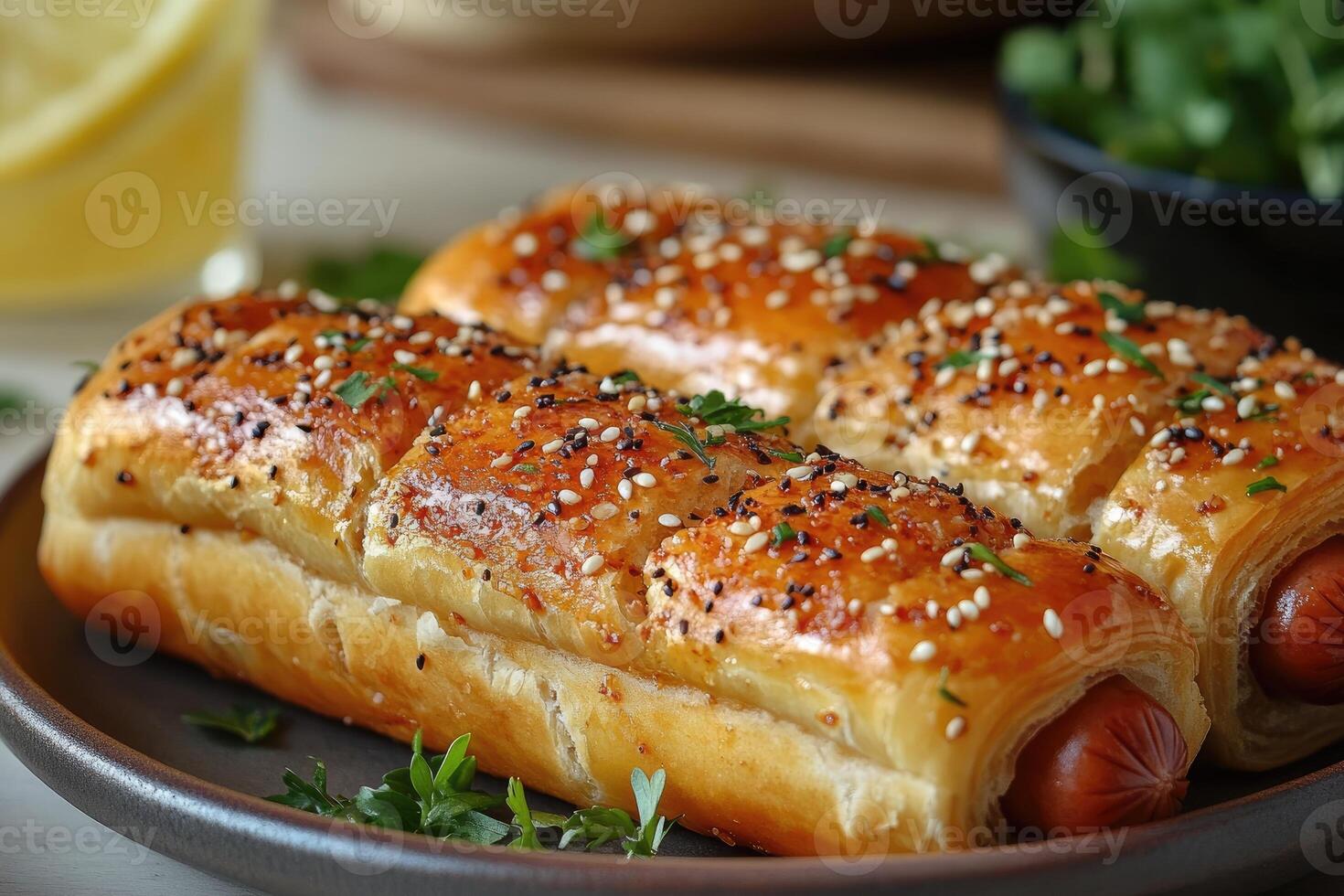 Sausage rolls topped with sesame and poppy seeds resting on a plate photo
