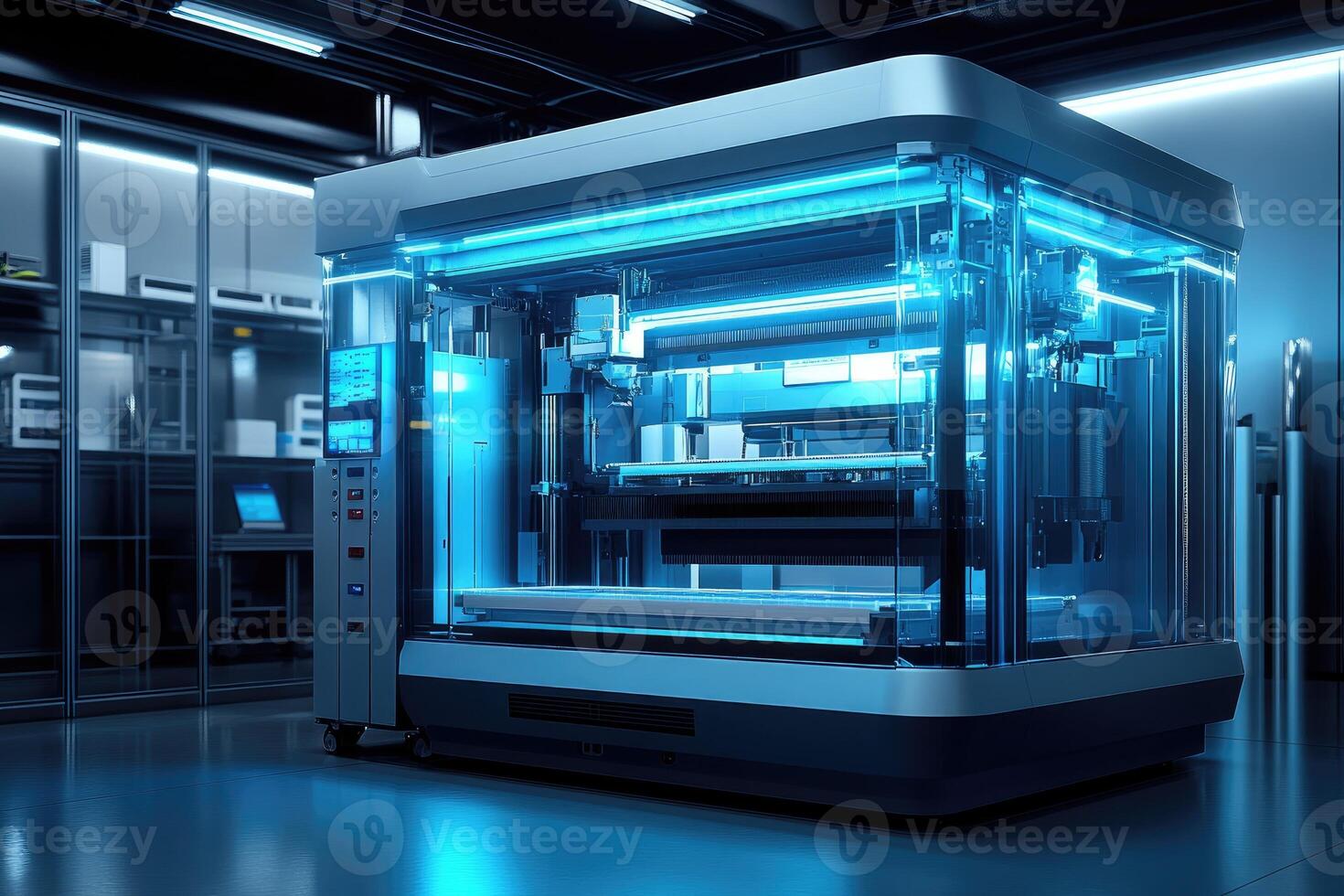 Futuristic 3d printer creating objects in modern laboratory photo