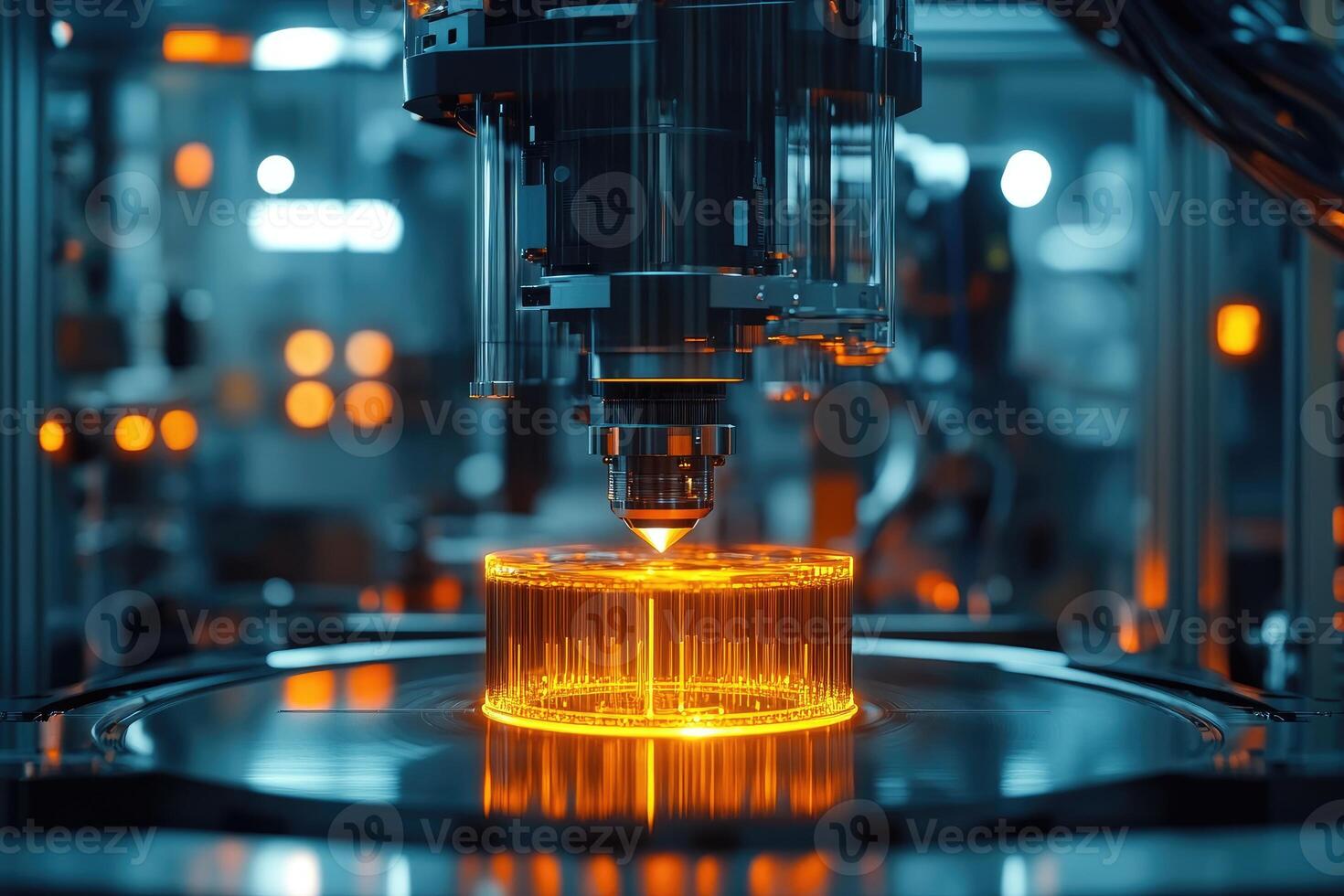 Futuristic industrial laser processing glass cylinder in modern factory photo
