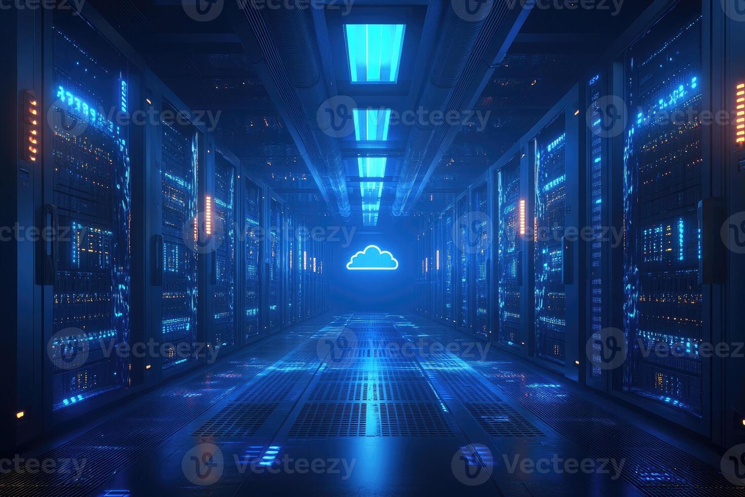 Cloud computing data center with glowing cloud symbol and server racks, futuristic technology photo