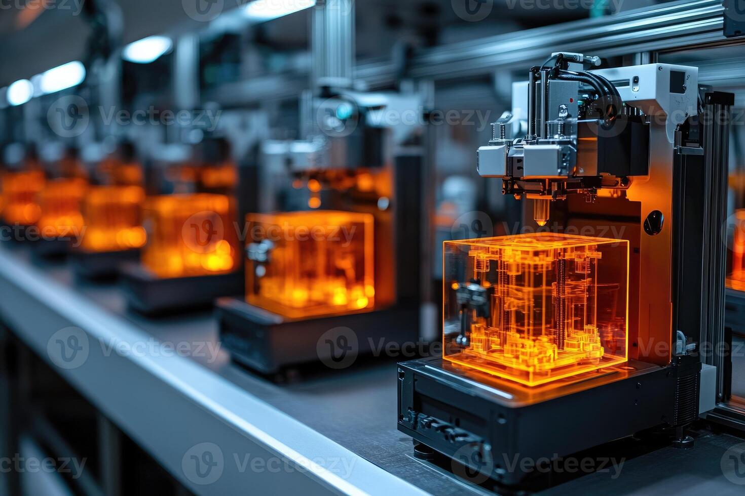 Automatic 3d printers creating orange resin prototypes in a row on a conveyor belt photo