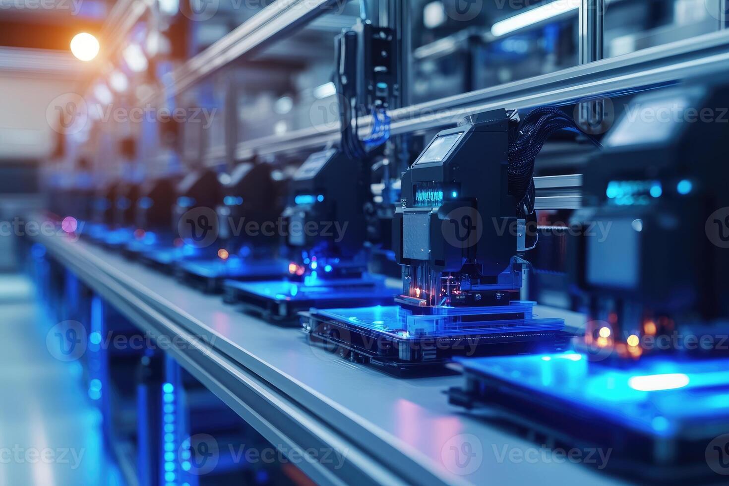 Automated robotic arms manufacturing electronic components in factory photo