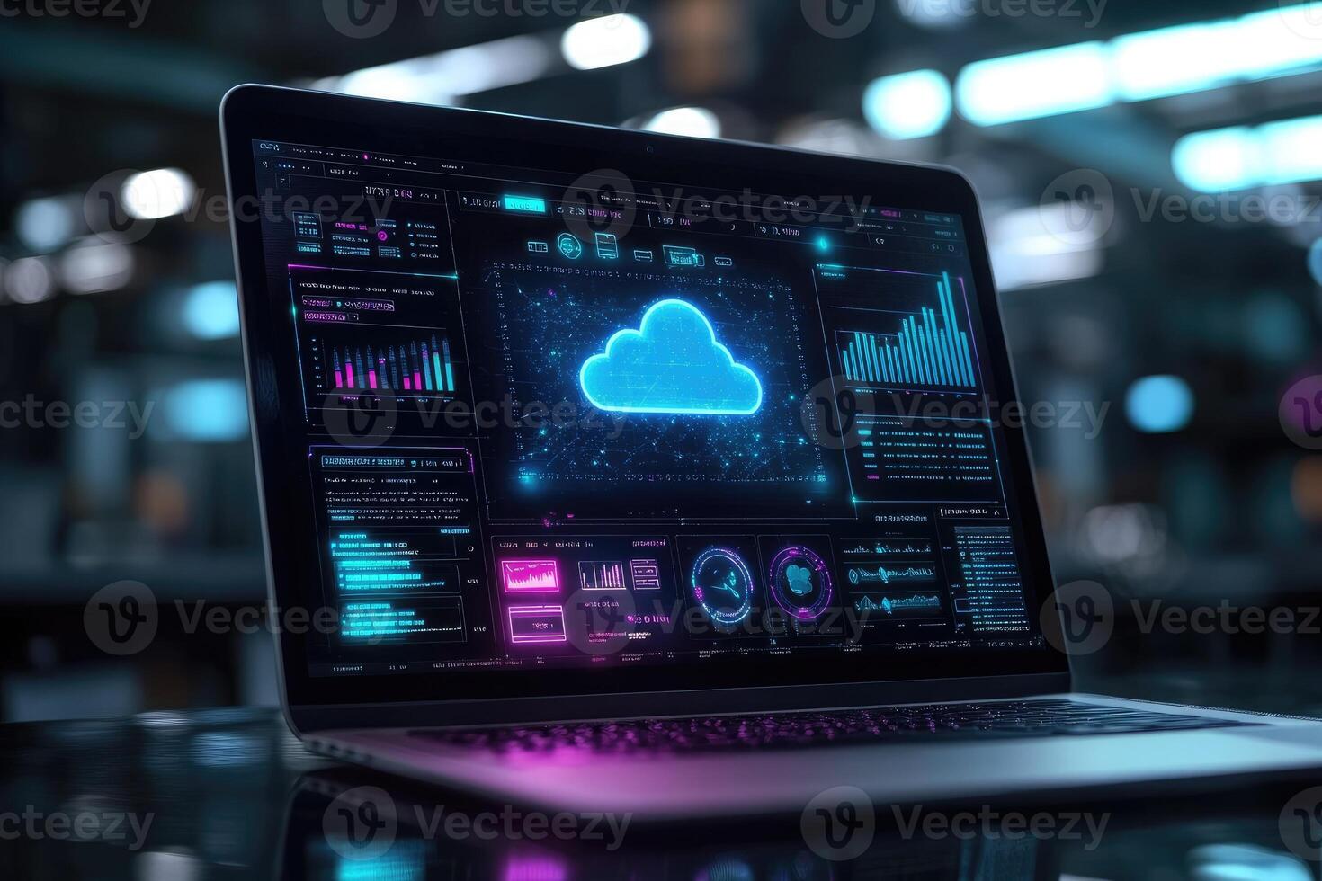 Cloud computing futuristic interface displaying data analysis on laptop screen in dark room photo