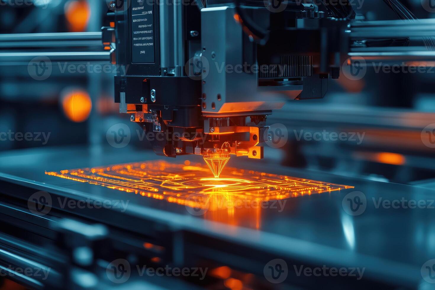 Automated industrial laser engraving equipment creating intricate designs on metal surface photo
