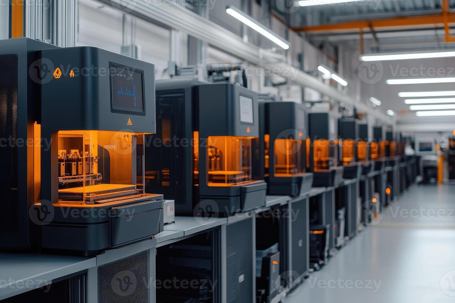 Many 3d printers working at the same time in a modern factory photo