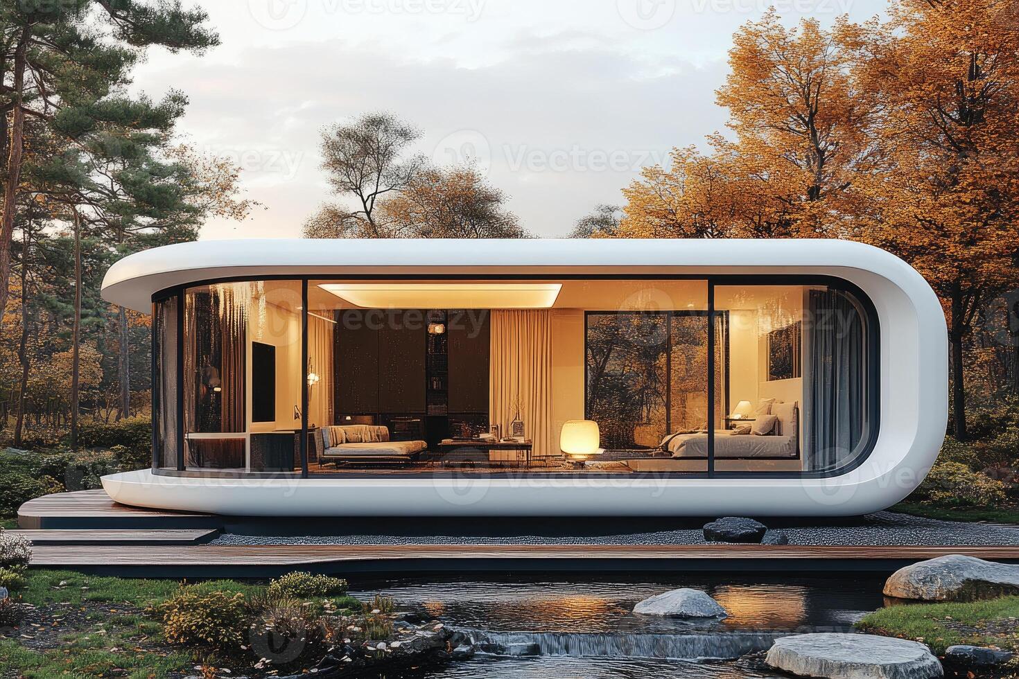 Modern oval house with large glass walls in autumn forest setting at sunset photo