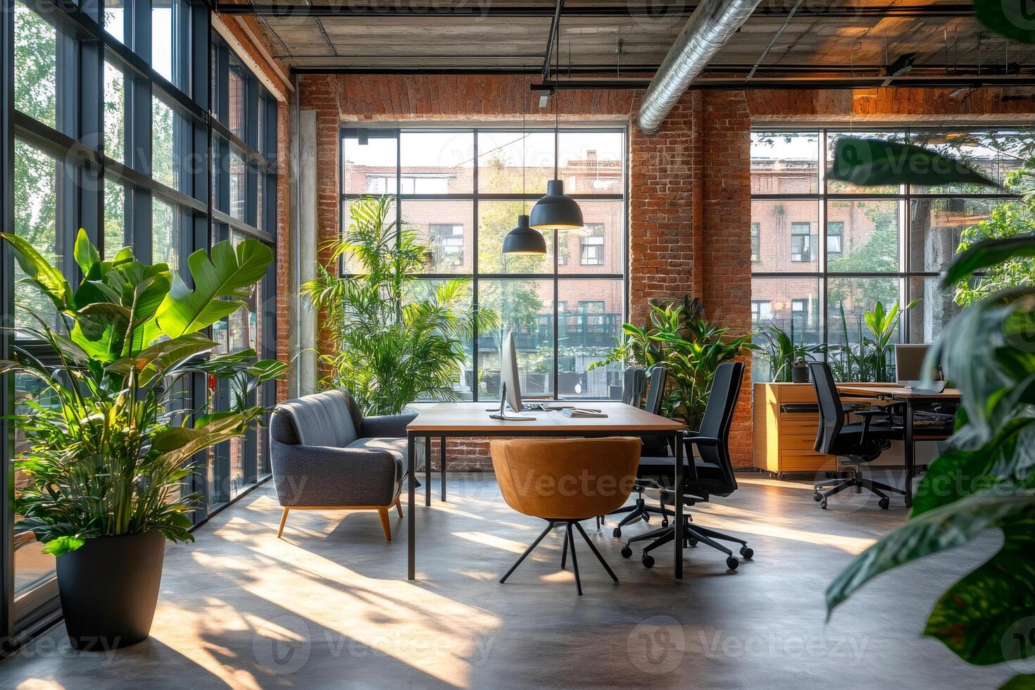 Modern coworking space with plants and sunlight illuminating the room photo