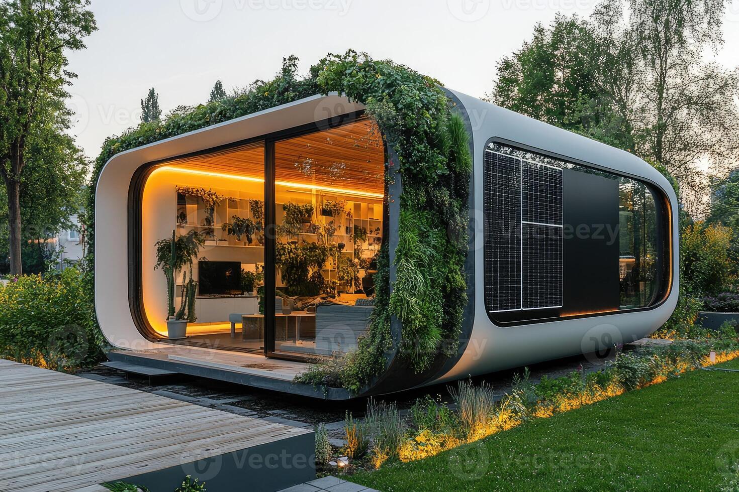 Modern sustainable garden house with vertical green wall and solar panels photo