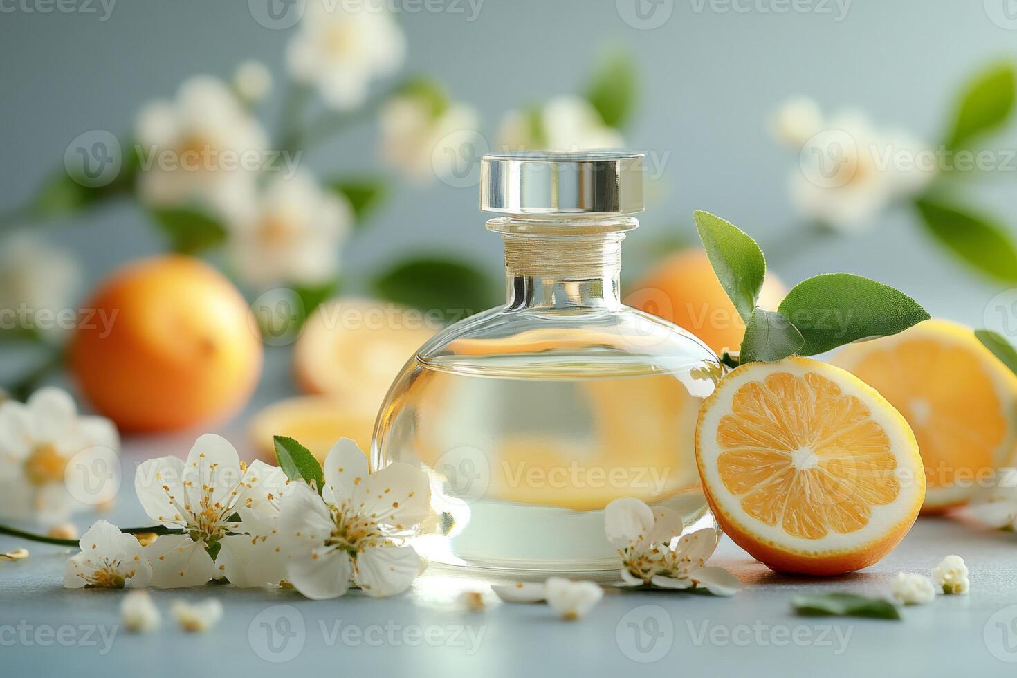 Elegant perfume bottle surrounded by citrus fruits and blossoms photo