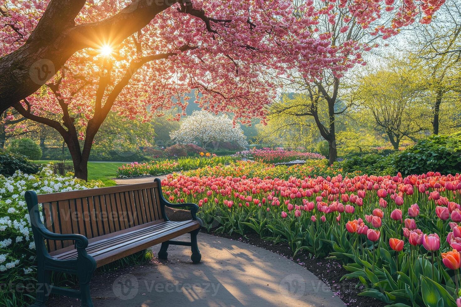 Sun shining through cherry blossom in beautiful public park with tulips and bench photo