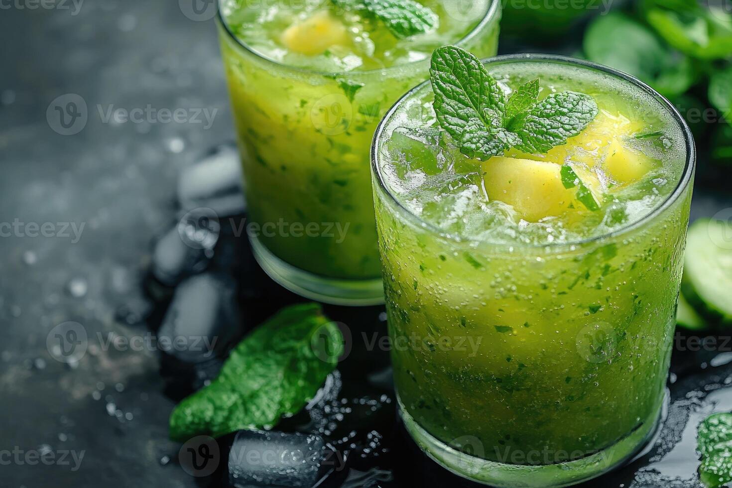 Refreshing cucumber pineapple mint summer cocktail with ice cubes photo