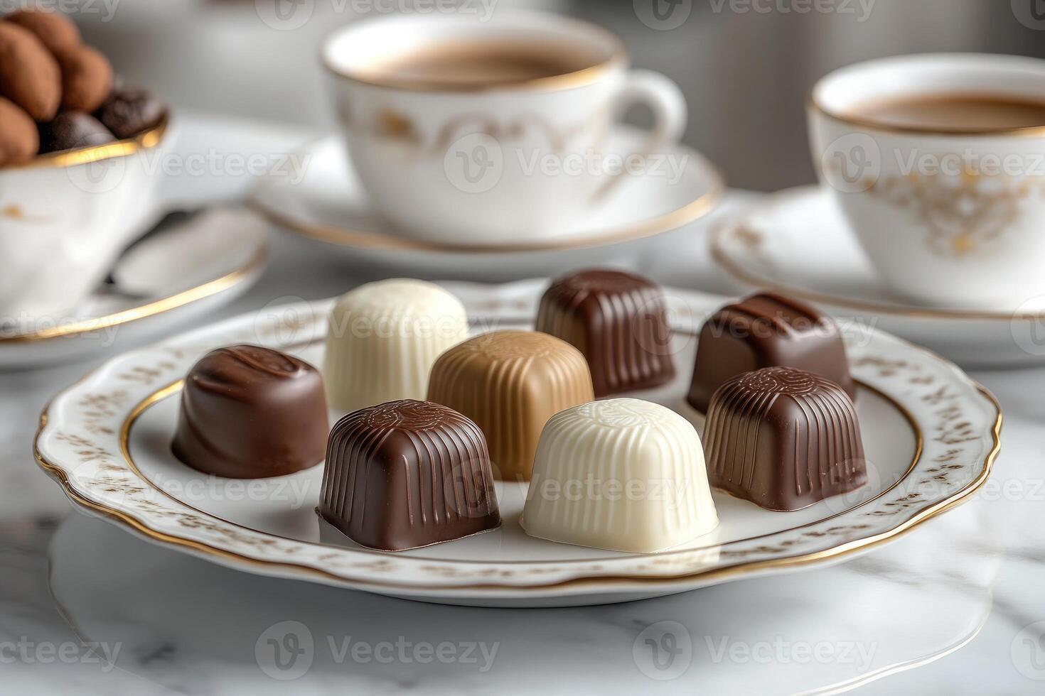 Assorted gourmet chocolates resting on elegant china plate, with coffee cups in background, inviting afternoon tea setting photo