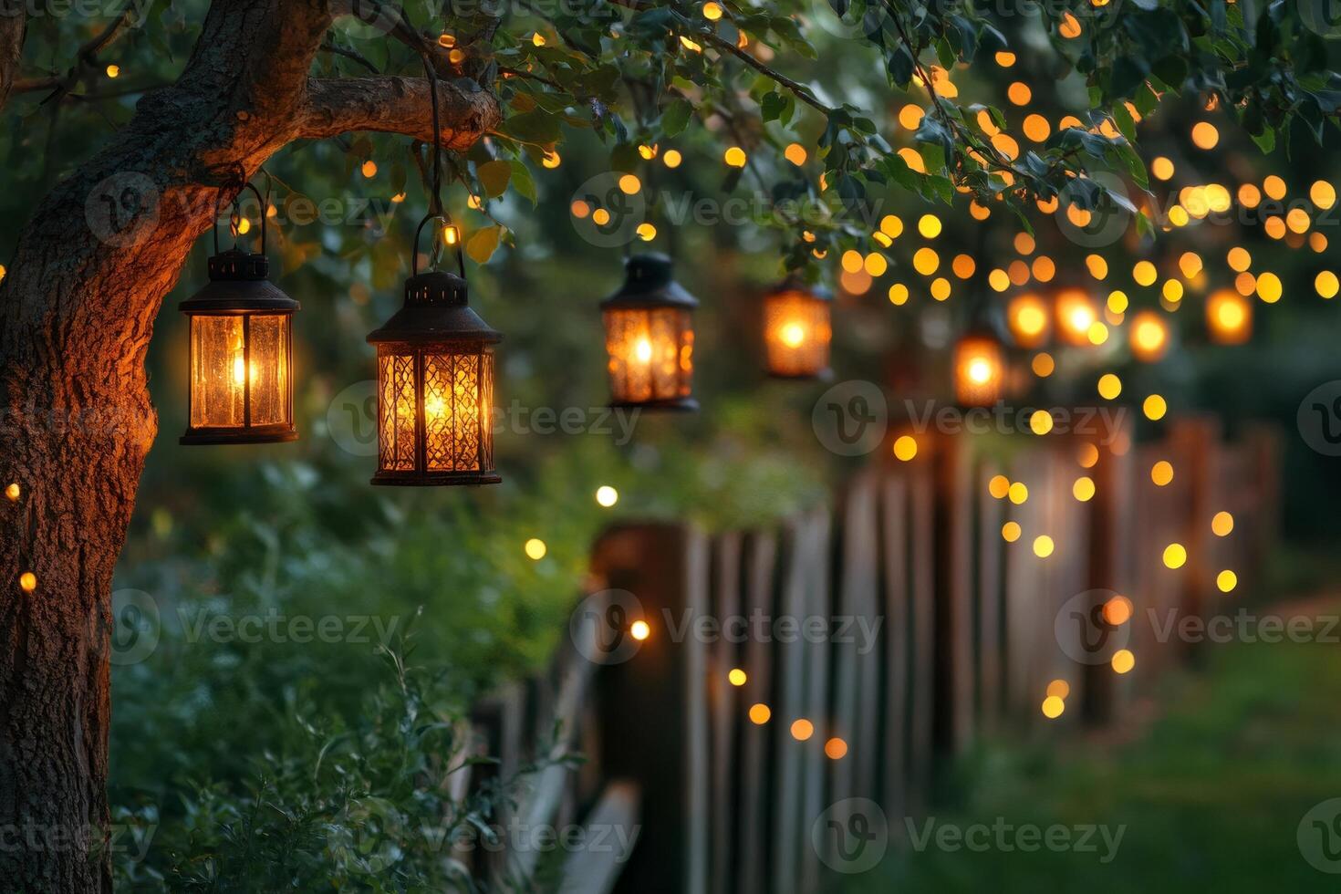 Lanterns and string lights creating a magical garden atmosphere photo