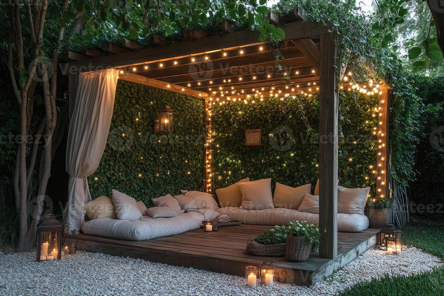 Cozy pergola lighting up backyard garden in the evening photo