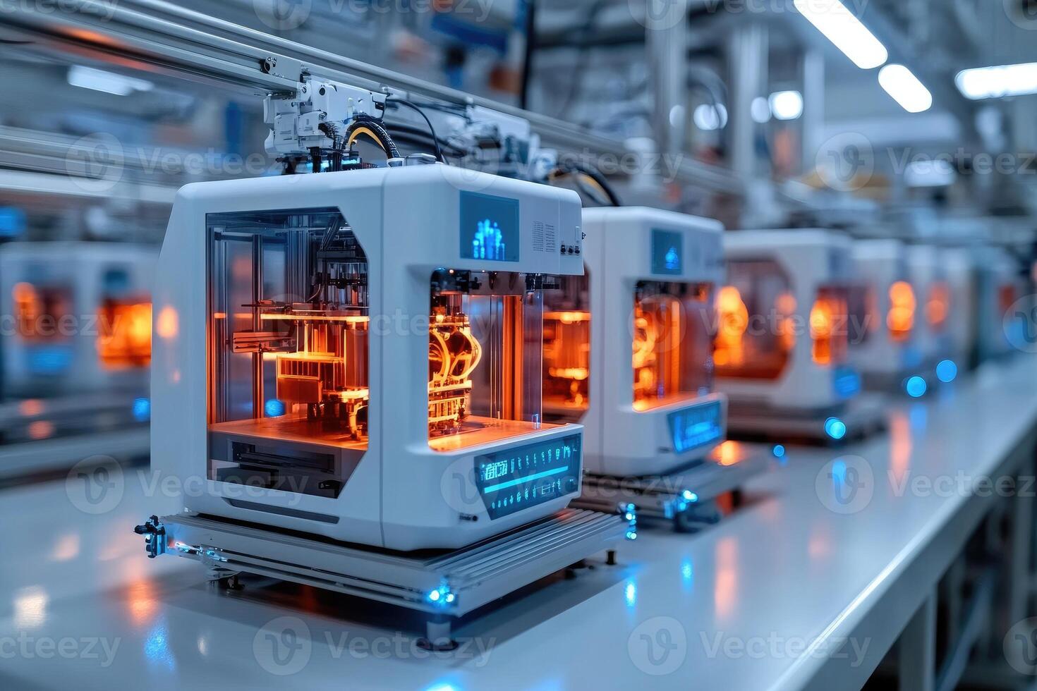 Automated assembly line with 3d printers creating products in a modern factory photo