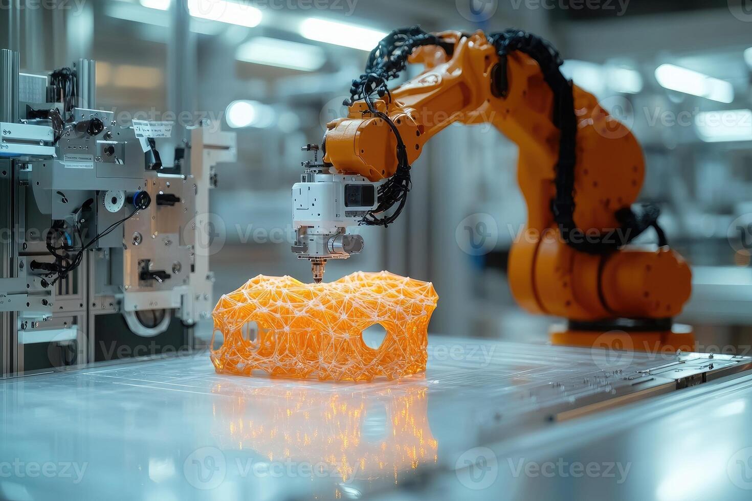Robotic arm creating intricate 3d printed object in modern factory photo