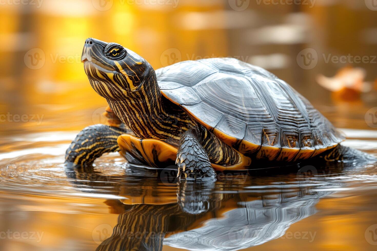 Turtle emerging from golden water with reflection photo