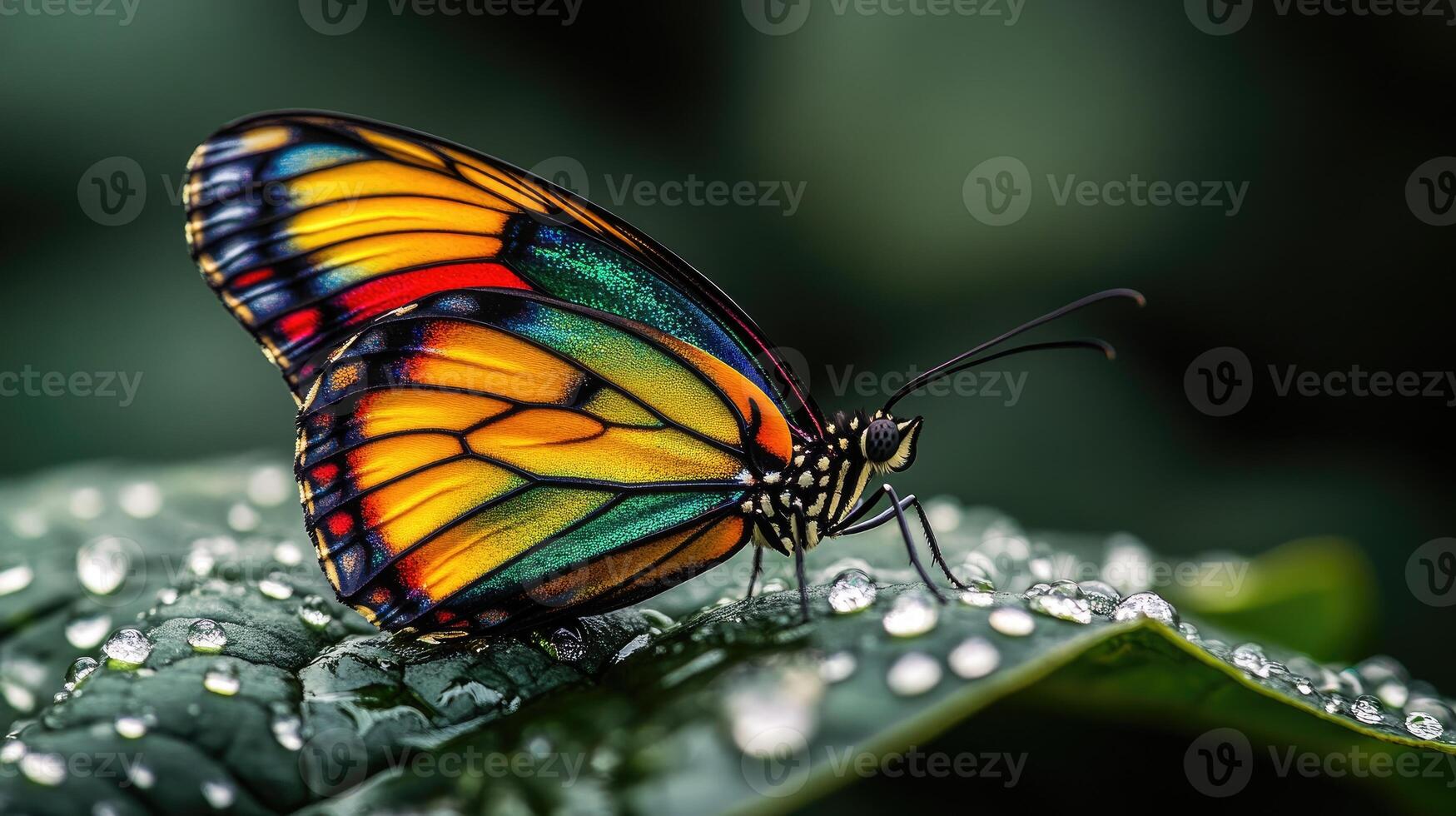 Colorful butterfly resting on a dewy leaf in nature photo