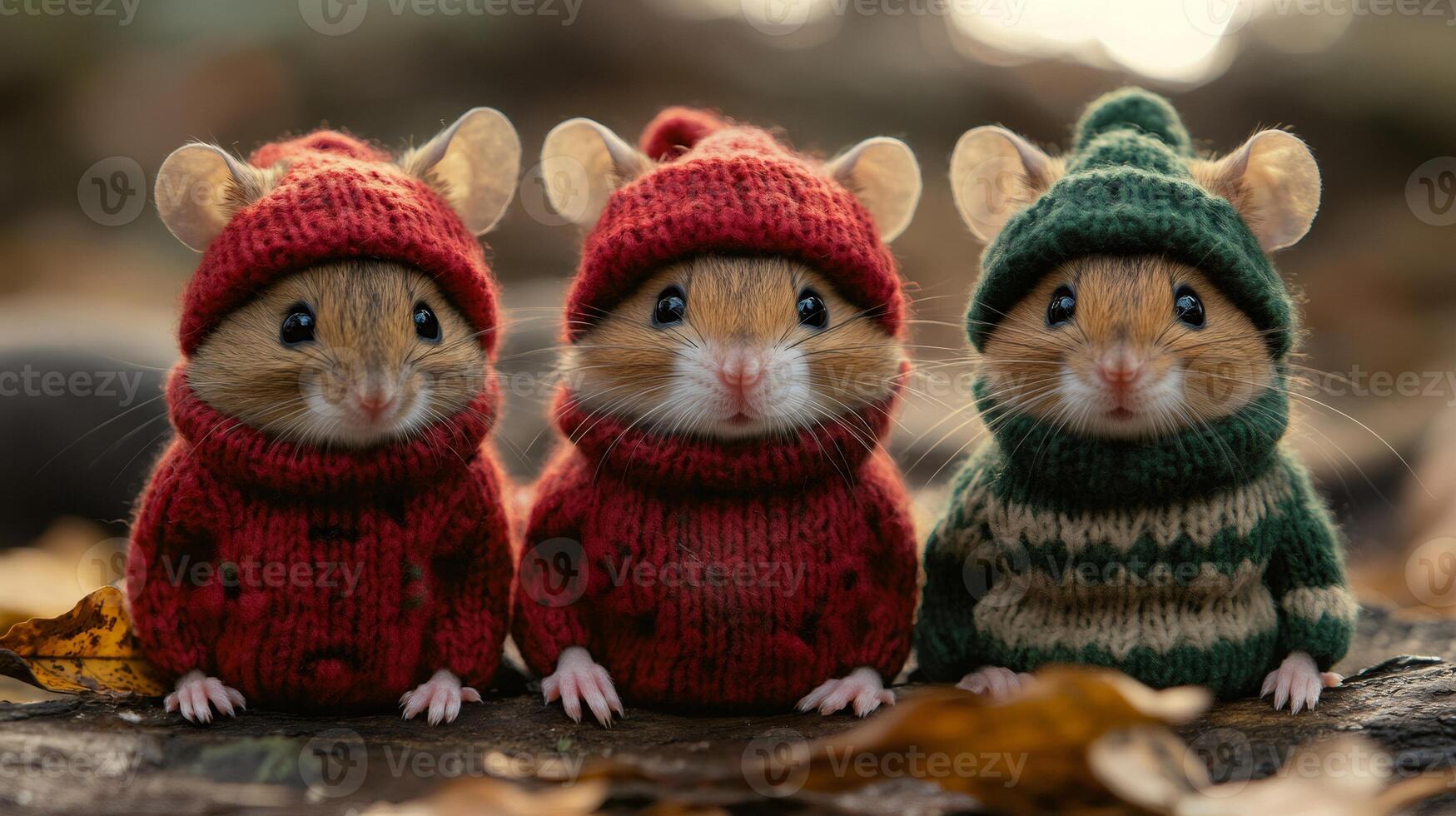 Three mice wearing knitted sweaters and hats posing on a log photo