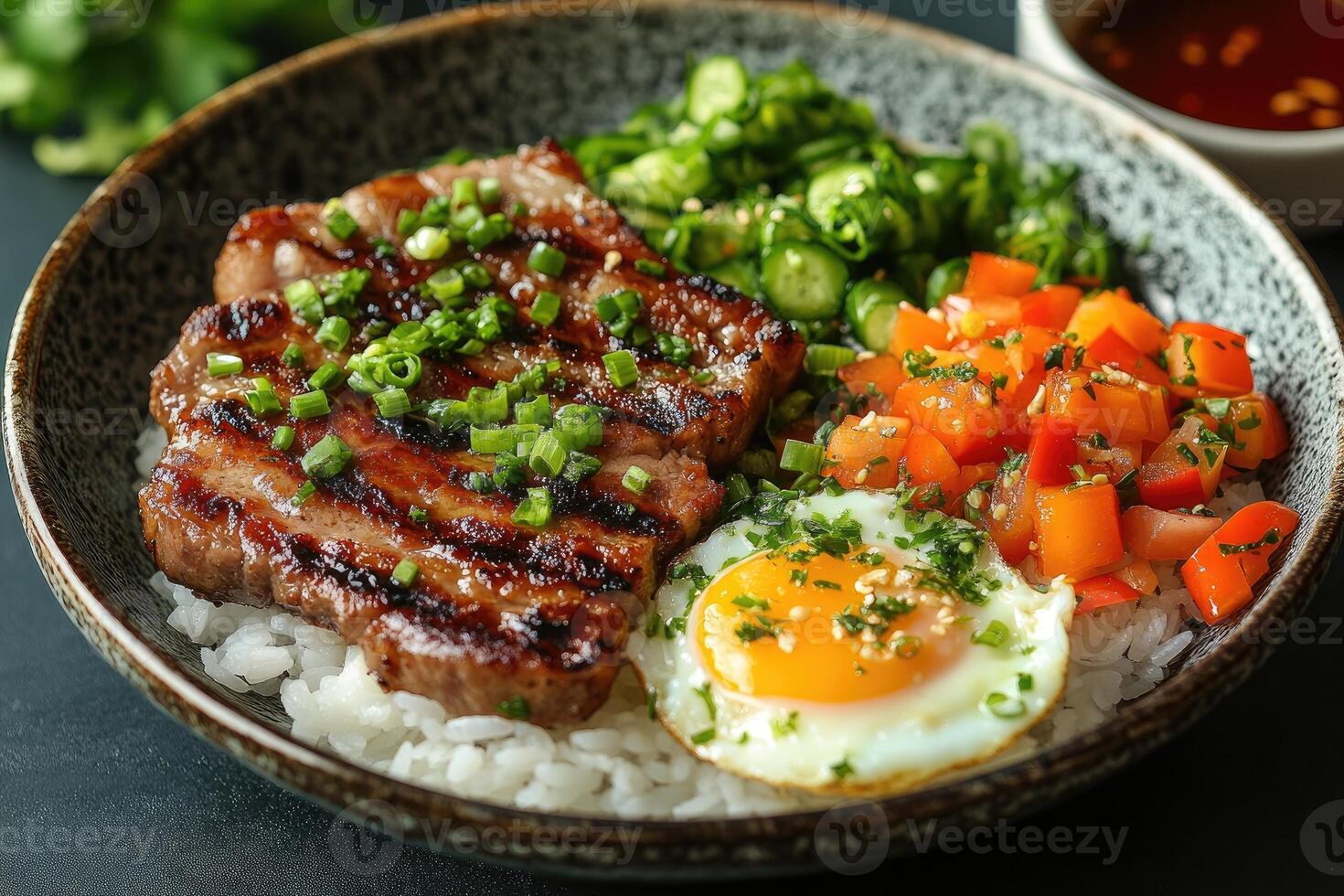 Delicious grilled steak bowl with vegetables and egg photo