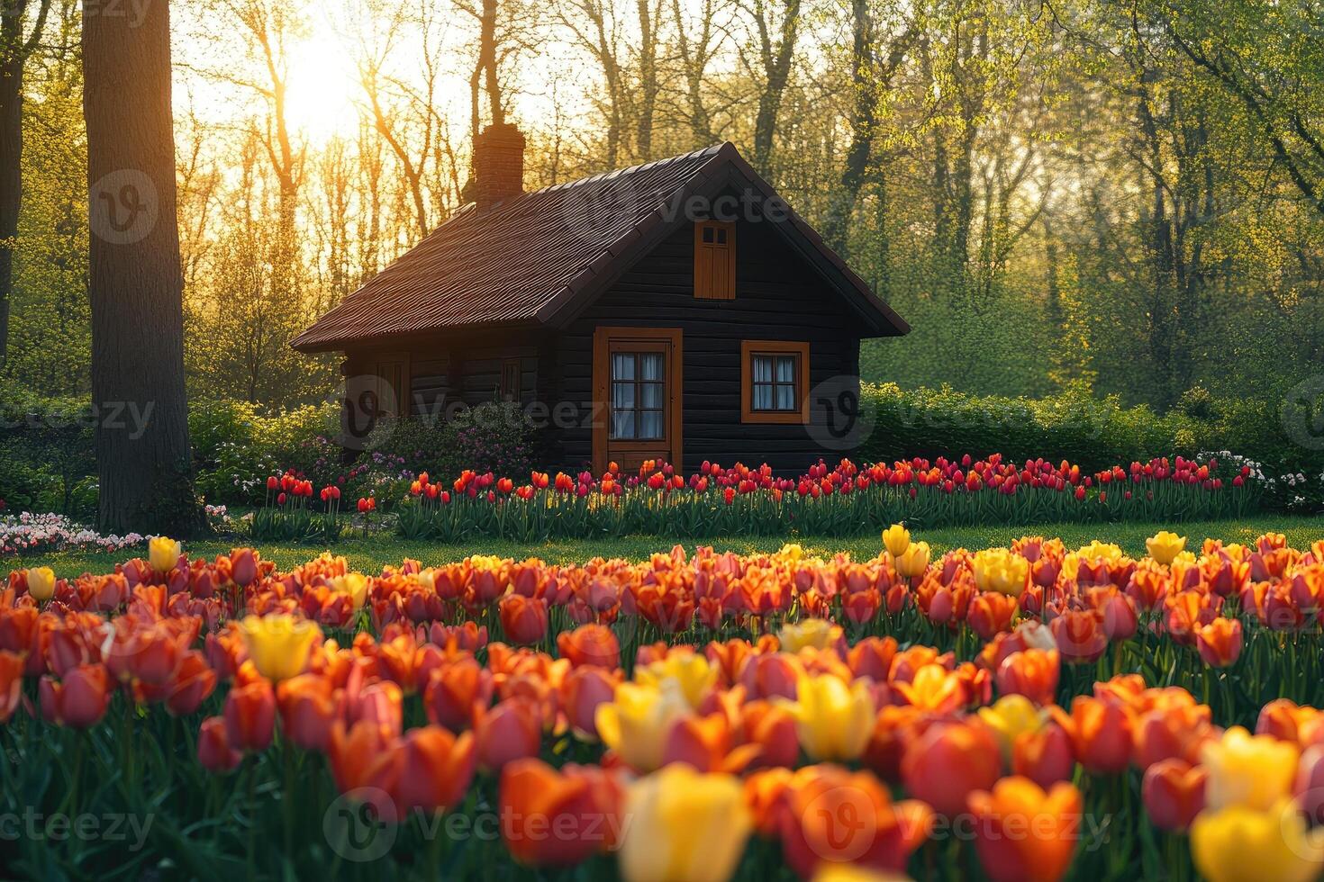 Cozy wooden cabin surrounded by vibrant tulips at sunset in a tranquil forest photo